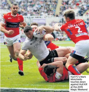  ??  ?? Hull FC’S Mark Minichiell­o touches down against Hull KR at the 2015 Magic Weekend