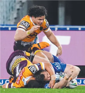  ?? Picture: GETTY IMAGES ?? Josh Morris crashes over for a try in last night’s upset win against Brisbane.