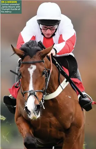  ??  ?? ON A MISSION Goshen unseated Jamie Moore with Triumph Hurdle at his mercy