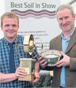  ??  ?? Top two: Douglas Grieg, 20, with his trophy and John Weir, of Lacesston Farm, who won overall award for best soil in show, with his prize. Picture: Wullie Marr Photograph­y.