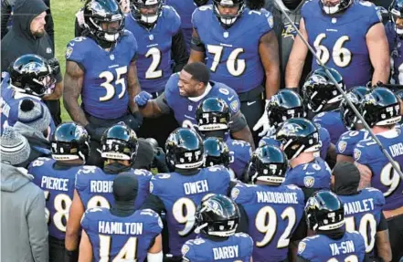  ?? JERRY JACKSON/STAFF ?? Ravens linebacker Roquan Smith, pumping up the team before the divisional round playoff game against the Texans, had a big season leading Baltimore’s defense.