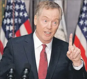  ?? THE CANADIAN PRESS/AP, EVAN VUCCI ?? U.S. Trade Representa­tive Robert Lighthizer speaks in the Eisenhower Executive Office Building on the White House complex in Washington, Monday, May 15, 2017, during his swearing-in ceremony. The United States has officially indicated its desire to...