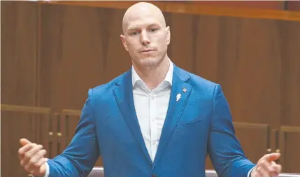  ?? ?? Senator David Pocock speaking during a Senate sitting at Parliament House in Canberra.