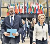  ??  ?? Charles Michel, president of the European Union , and Ursula von der Leyen, president of the European Commission, at a European leaders’ meeting in Brussels on Friday