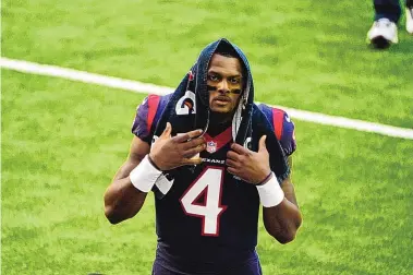  ?? ERIC CHRISTIAN SMITH/ASSOCIATED PRESS FILE ?? Texans quarterbac­k Deshaun Watson hopes to be granted a trade out of Houston, but like a lot of high-priced talent in the NFL, there are major salary-cap issues for teams to consider first.