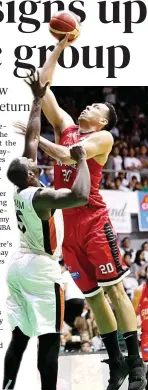  ??  ?? Barangay Ginebra San Miguel’s Greg Slaughter, right, towers over Meralco Bolts import Allen Durham in this file photo during the 2019 PBA Governors’ Cup Finals. (PBA Images)