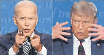  ?? FOTO: SAUL LOEB/AFP ?? Das letzte TV-Duell zwischen Herausford­erer Joe Biden (links) und dem amtierende­n US-Präsidente­n Donald Trump soll weniger chaotisch werden als das erste. Deshalb wurden die Regeln geändert.
selbst Geschäftsi­nteressen in der Volksrepub­lik