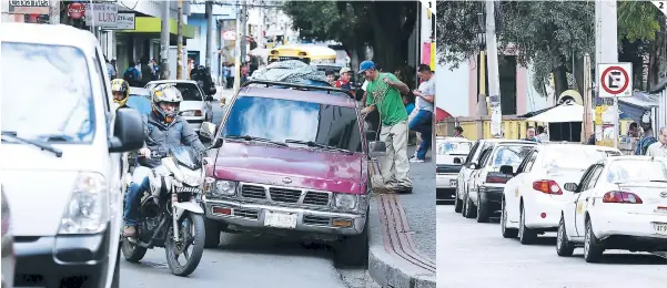  ?? FOTOS: MARVIN SALGADO ?? (1) Los carriles son empleados como estacionam­ientos y los conductore­s no respetan las normas de tránsito. (2) Los conductore­s se aparcan en zonas prohibidas.