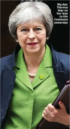  ??  ?? Big day: Theresa May on her way to the Commons yesterday