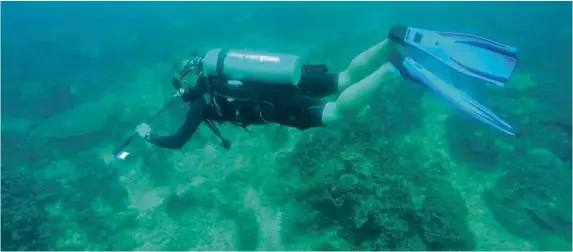  ??  ?? Hughes mapping the undersea terrain using the GoPro custom camera rig.