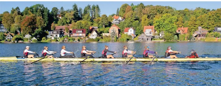  ?? FOTO: DRV ?? Der Deutschlan­d-achter im Trainingsl­ager in Ratzeburg: (v.r.) Steuerfrau Larina Hillemann, Tabea Schendekeh­l, Marie Arnold, Frauke Hundeling, Alyssa Meyer, Alexandra Höffgen, Anna Härtl, Melanie Göldner und Sophie Oksche.