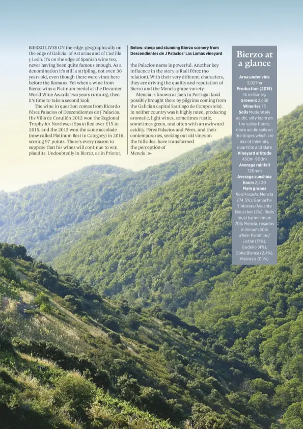  ??  ?? Below: steep and stunning Bierzo scenery from Descendien­tes de J Palacios’ Las Lamas vineyard Area under vine Growers Wineries Soils Vineyard altitude