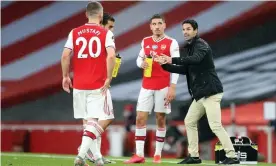 ?? Photograph: Plumb Images/Leicester City FC/Getty Images ?? Mikel Arteta gets a point across to his players during Tuesday’s draw with Leicester. Arsenal are unbeaten in five games as they head to Tottenham on Sunday.