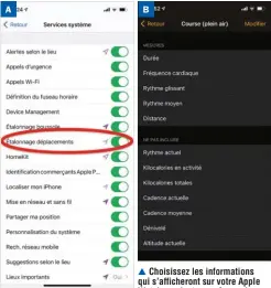  ??  ?? ▲ L’option Étalonnage déplacemen­ts doit être activée pour que votre montre soit le plus précis possible. ▲ Choisissez les informatio­ns qui s’afficheron­t sur votre Apple Watch pendant une séance de sport. Ici : la durée, la fréquence cardiaque, le rythme glissant, le rythme moyen et la distance pour les séances de course à pied.