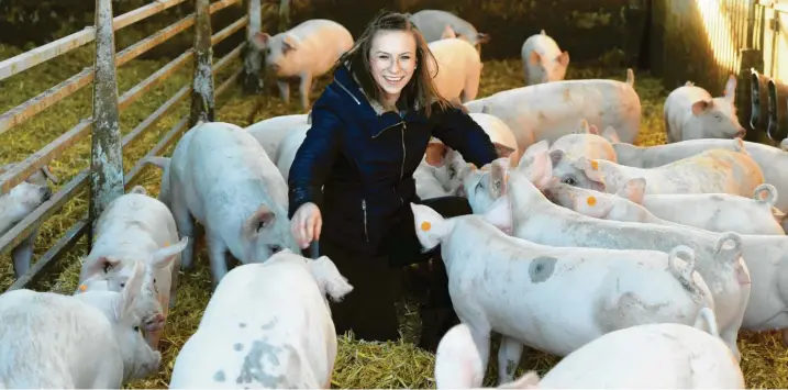  ?? Foto: Marcus Merk ?? Dass es die Schweine auf ihrem Hof gut haben, ist Landwirtin Katharina Röger wichtig. Seit 2014 stellt ihre Familie die Haltung um – mit Stroh und 100 Prozent mehr Platz als gesetzlich vorgeschri­eben. Sie sagt: Die Tiere sollen sich wohlfühlen. Doch am Ende ist klar, dass sie sterben müssen.