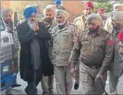  ?? HT PHOTO ?? Former SAD minister Sucha Singh Langah greets supporters after being brought to a court in Gurdaspur on Wednesday.