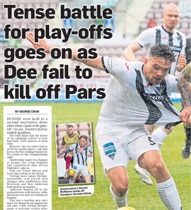  ??  ?? Dunfermlin­e’s Declan McManus holds off Dundee’s Christie Elliott.