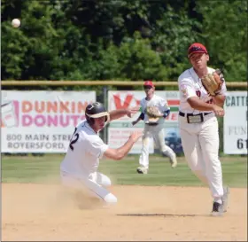  ?? OWEN MCCUE - MEDIANEW GROUP ?? Left, Brett Leighton, left, celebrates with Harrison Moyer, center, and Colin Amerine after Zach Male drove them in during a five-run third inning Saturday. Right, Spring City shortstop Andrew Huang, right, tries to turn a double play Saturday.