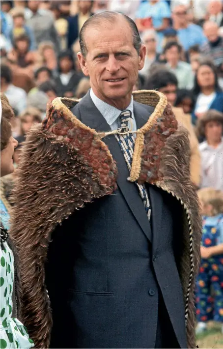  ?? GETTY ?? Prince Philip wears a korowai in Gisborne during the Queen’s silver jubilee tour in 1977.