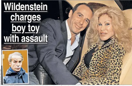  ??  ?? CLAWSCLA CELEBRE: Lloyd Klein, 49, bearing a facial wound in court Sunday (inset), cuddles up Jocelyn Wildenstei­n, 76, before their relationsh­ip soured.