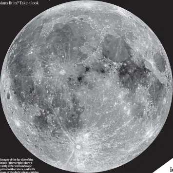  ?? NASA / GODDARD SPACE FLIGHT CENTER / ARIZONA STATE UNIVERSITY ?? Images of the far side of the moon (above right) show a vastly different landscape — pitted with craters, and with none of the dark volcanic plains so familiar to us on the near side (above).