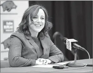  ?? Arkansas Democrat-Gazette/THOMAS METTHE ?? Arkansas interim athletic director Julie Cromer Peoples said she doesn’t see the fact that Arkansas is looking for an athletic director and head coach at the same time should be a deterrent to Arkansas hiring a new coach after Bret Bielema was fired...