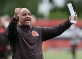  ?? ASSOCIATED PRESS FILE ?? First-year Browns head coach Hue Jackson, shown directing practice during minicamp, in Berea, hopes his team’s defensive backfield will be a strength this season.