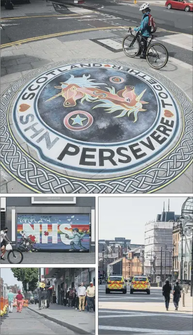  ?? PICTURE (ABOVE RIGHT): JAMES HARDISTY., ?? VIEW FROM STREET: Top, people pass a mural tribute to the NHS on a pavement in Edinburgh; above right, police cars almost outnumber shoppers in Briggate in Leeds city centre; centre left, a cyclist passes a street art graffiti mural in support of the NHS on the shutters of a closed-down shop in Hull; above left, people make use of a new widened pavement to aid social distancing on Camden High Street in London.