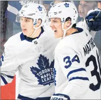  ?? CP PHOTO ?? Young Toronto Maple Leafs stars Mitch Marner, left, and Auston Matthews are set to become restricted free agents next season. Current RFA William Nylander is sitting at home in a contract impasse.