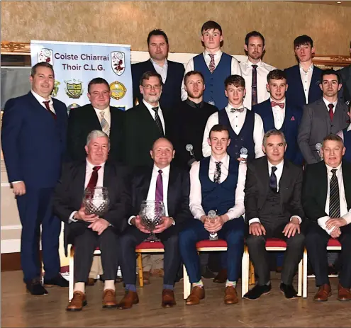  ??  ?? John Feerick, Managing Director of The Kerryman newspaper sponsor, Tim Ryan, East Kerry GAA Board Chairman, and Eamon Quigley, Manager of Th O’Sullivan Hall of Fame, Shane Ryan, Senior and U-21 Player of the Year, Donal O’Sullivan, Rathmore, Paudie...