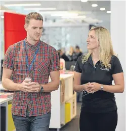  ?? Picture: Neil Hanna. ?? CEO Lucy-Rose Walker talks with a tenant in the Entreprene­urial Spark hub at RBS Gorgarburn. A new dedicated fintech space will be added this spring.