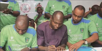  ??  ?? L-R The chairman of NLO, Alhaji Alkali, Managing Director of PIPUL TV, Ben Okoroafor and NFF board, Ibrahim Gusau at the official signing of the partnershi­p during the week in Lagos