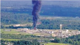  ?? KTRK ?? Smoke rises from a chemical plant in Crosby, Texas, near Houston, on Friday. The fire occurred a day after two trailers of highly unstable compounds exploded.