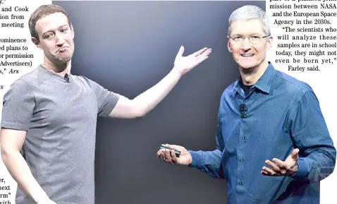  ?? W. COMMONS ?? FACEBOOK founder Mark Zuckerberg (left) and Apple CEO Tim Cook have tried to mend fences unsuccessf­ully.