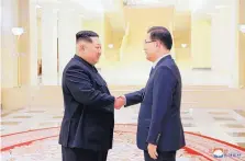  ?? KOREAN CENTRAL NEWS AGENCY/KOREA NEWS SERVICE ?? North Korean leader Kim Jong Un, left, shakes hands with South Korean National Security Director Chung Eui-yong in Pyongyang, North Korea.