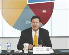  ?? PHOTO BY HOWARD FISCHER/ CAPITOL MEDIA SERVICES ?? GOV. DOUG DUCEY ON THURSDAY discusses the increasing number of Arizonans infected with COVID-19 and how the only way to turn that around is more people staying home and wearing face masks. “People’s rights to assemble are not going to be infringed,’’ the governor said Thursday when asked about President Trump’s rally in Phoenix on Tuesday that included many audience members without masks.