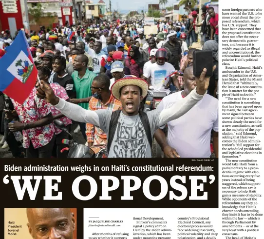  ??  ?? DIEU NALIO CHERY AP
People protest to demand the resignatio­n of Haitian President Jovenel Moïse in Port-au-Prince, Haiti, on Feb. 28.