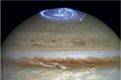  ??  ?? The polar lights on Jupiter are affected by volcanic activity on the planet’s moon, Io. Particles from eruptions are caught by the magnetic fields of the planet and react with molecules in the atmosphere. Jupiter creates the strongest northern light in...
