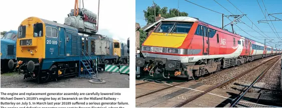  ??  ?? The engine and replacemen­t generator assembly are carefully lowered into Michael Owen’s 20189’s engine bay at Swanwick on the Midland Railway – Butterley on July 5. In March last year 20189 suffered a serious generator failure. The engine and defective generator were sent to Bowers Electrical, where the damaged generator was removed and a spare overhauled generator belonging to Mr Owen was attached. The Class 20 is expected to be back in action in the near future. Bill Pizer
Several Class 91s have now returned to service with LNER as demand for services picks up. On July 17, recently-reinstated 91107 Skyfall passes through Weston. Nick Green