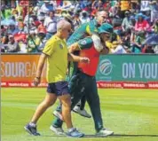  ?? AFP ?? South Africa captain Faf du Plessis is carried away from the field after he was forced to retire hurt, in East London on Sunday.