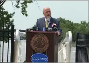  ?? MICHAEL GWIZDALA — MEDIANEWS GROUP FILE ?? Troy Mayor Patrick Madden speaks at the grand opening of the Ingalls Avenue Boat Launch earlier this year.