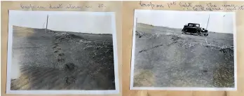  ??  ?? Two photos of the snowbank-like dirt after a dust storm in the early 1930s, taken by Boivin’s mother.