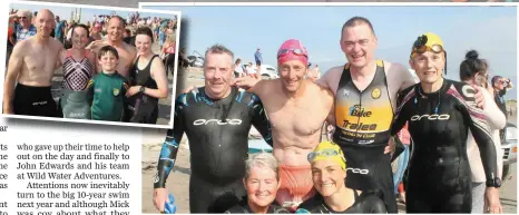  ?? Photos by Sinead Kelleher. ?? MAIN: Francis Foley, Pat Brown, Den McCarthy, Margaret Gilbert, Patricia Murray and Kathi Schulter after the ‘Slip to Shore’ swim on Sunday. INSET: Fran McElligot, Clare Neenan, Ben O’Keeffe and his dad Brendan with Catherine Doolan.