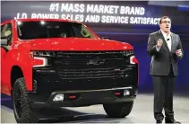  ??  ?? GENERAL MOTORS North America President Alan Batey unveils new Chevrolet trucks at the North American Internatio­nal Auto Show in Detroit, Michigan on Jan. 13.