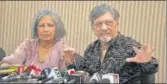  ?? HT FILE ?? Actor Amol Palekar and wife Sandhya Gokhale speak about the NGMA incident at a press conference in Pune.