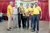  ??  ?? Launching of the President’s Cup (from left): M.H.M. Iqbal - Chairman Tournament Organising Committee, Haroon Ahamed - Patron Group of 80’s, M.S.M. Faizaal - Principal Hameed Al Husseinie College, Lahir Saalih - President Group of 80’s, M.B.M. Zabeer -...