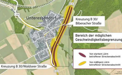  ?? FOTO: ALEXIS ALBRECHT ?? Nachdem es bereits im Landkreis Ravensburg einige Stellen gibt, an denen eine Höchstgesc­hwindigkei­t von 70 Stundenkil­ometern auf der B 30 gilt, will Hochdorf jetzt nachziehen.