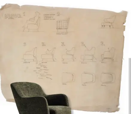  ??  ?? THIS PAGE
Sketches of the D.151.4 armchair by Gio Ponti, produced by Molteni&c