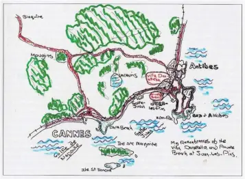  ??  ?? Peter Morrey’s sketch map of the Villa Donetella and the Juan les Pins area