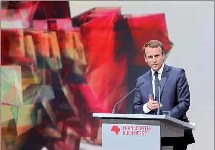  ??  ?? El presidente francés, Emmanuel Macron, ayer, durante su intervenci­ón en la apertura oficial de la Feria del Libro de Fráncfort, cuyas actividade­s abarcan del 11 al 15 de octubre ■ Foto Afp
